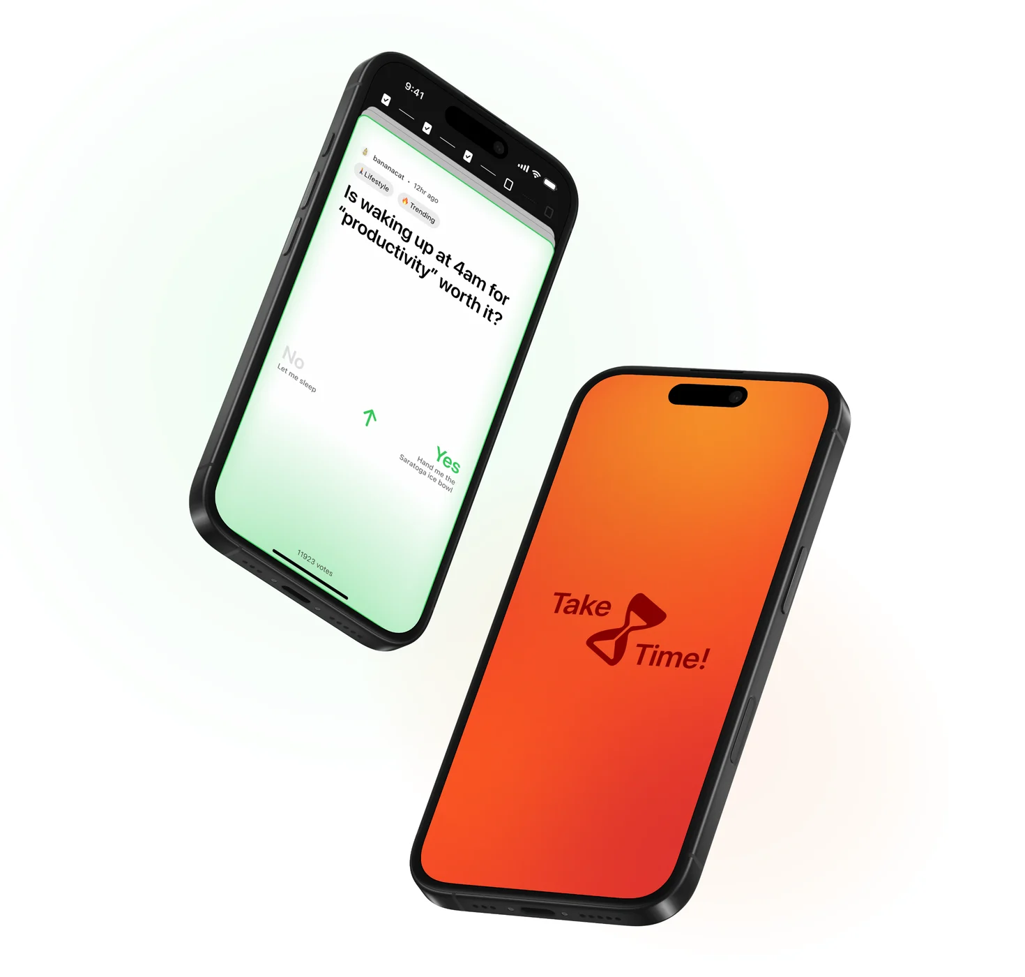 Two iPhones running Gauge: one shows a take, “Is waking up at 4am for productivity worth it?”, voted Yes in green; the other shows the orange Take Time splash with its hourglass.
