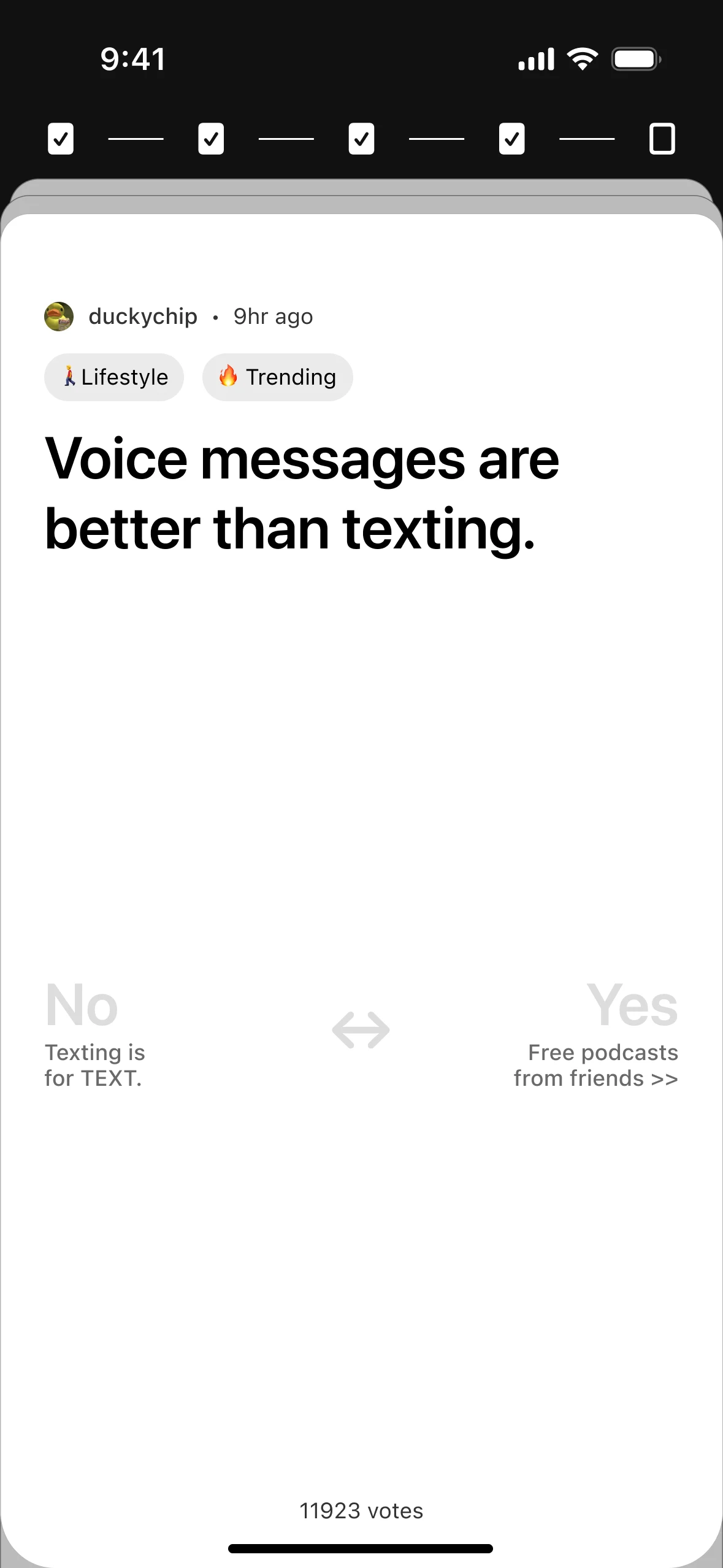 Take Time: the same voting card, “Voice messages are better than texting.”, under a five-step progress indicator with four steps checked, and no tab bar.