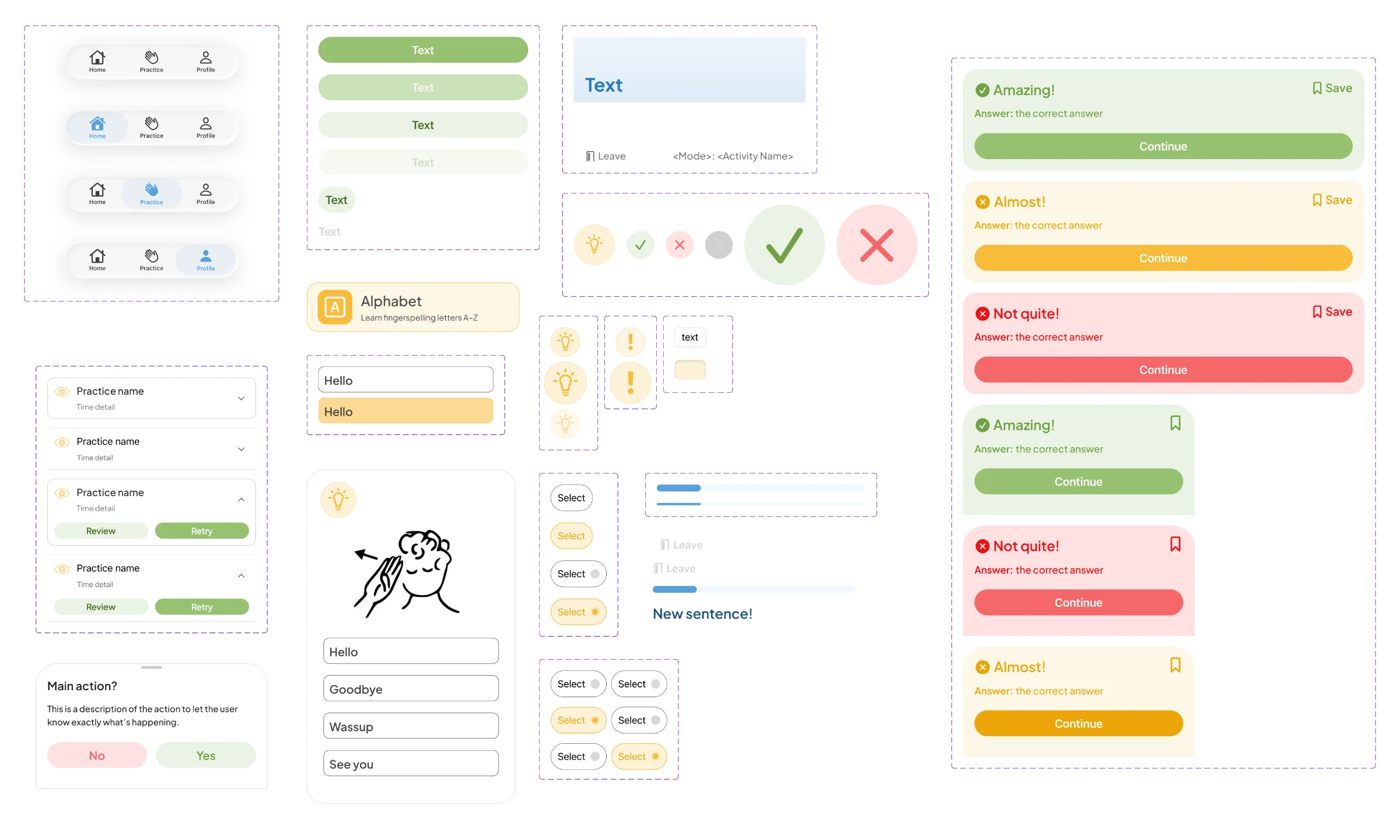 A selection of shared components: tab bars, buttons, answer feedback banners (Amazing!, Almost!, Not quite!), word tiles, answer fields and practice list items.