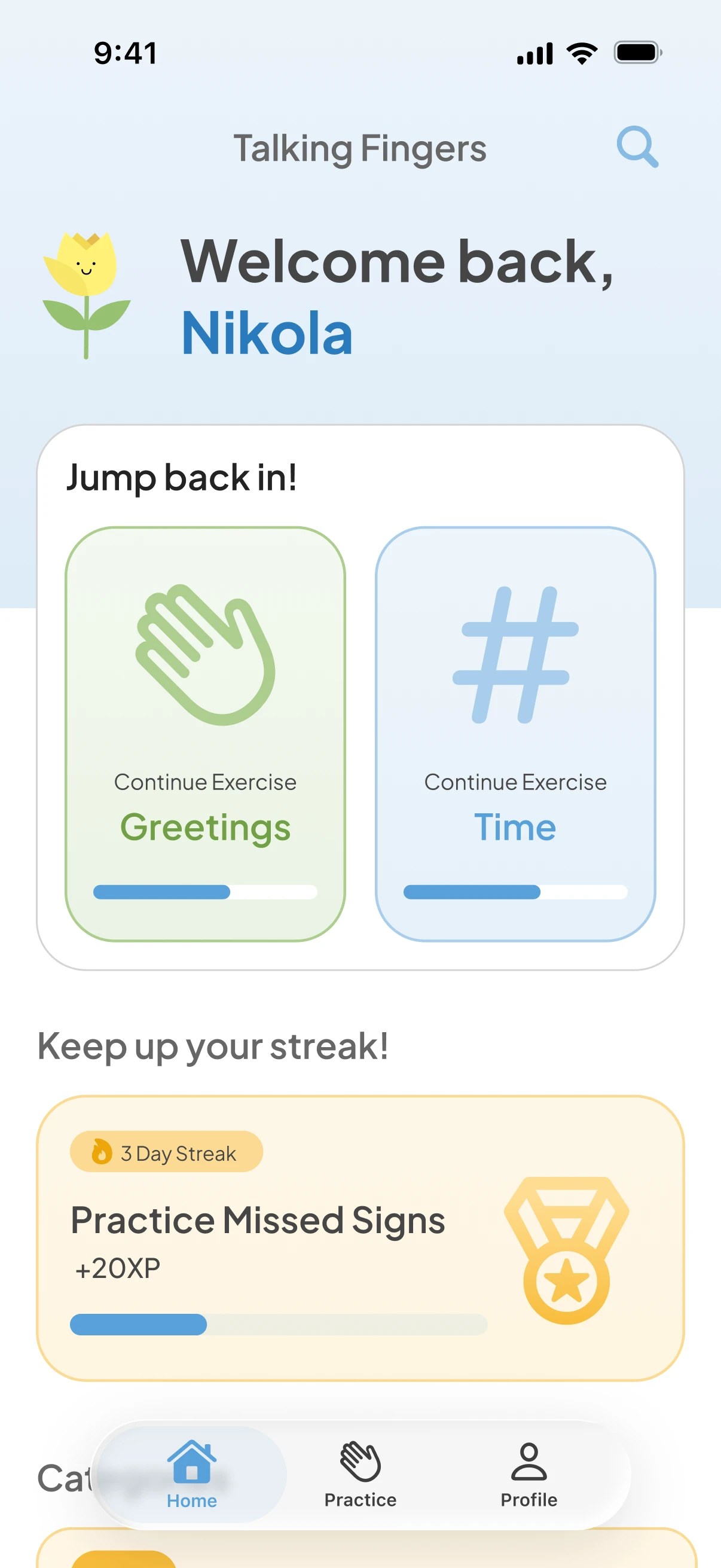 Home on iOS: a welcome message, lessons to jump back into, and a daily challenge to keep up the streak.
