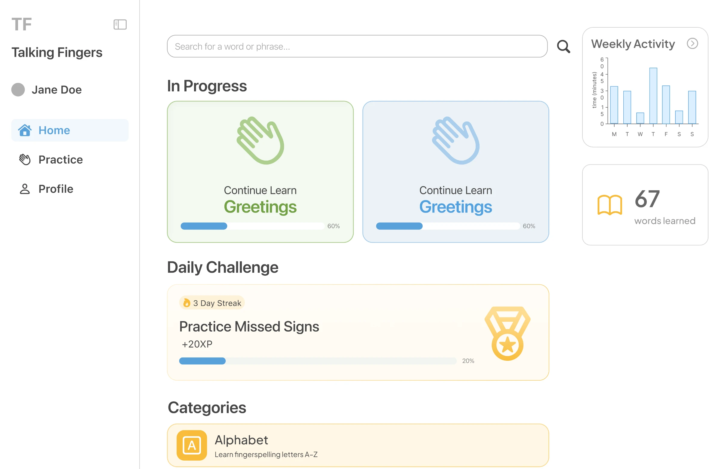 Home on macOS: sidebar navigation beside lessons in progress, the daily challenge and categories, with weekly activity and words learned in a side column.