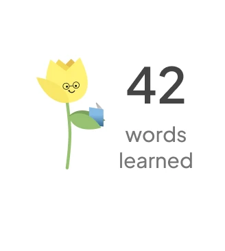 Small widget: 42 words learned, beside the tulip mascot holding a book.