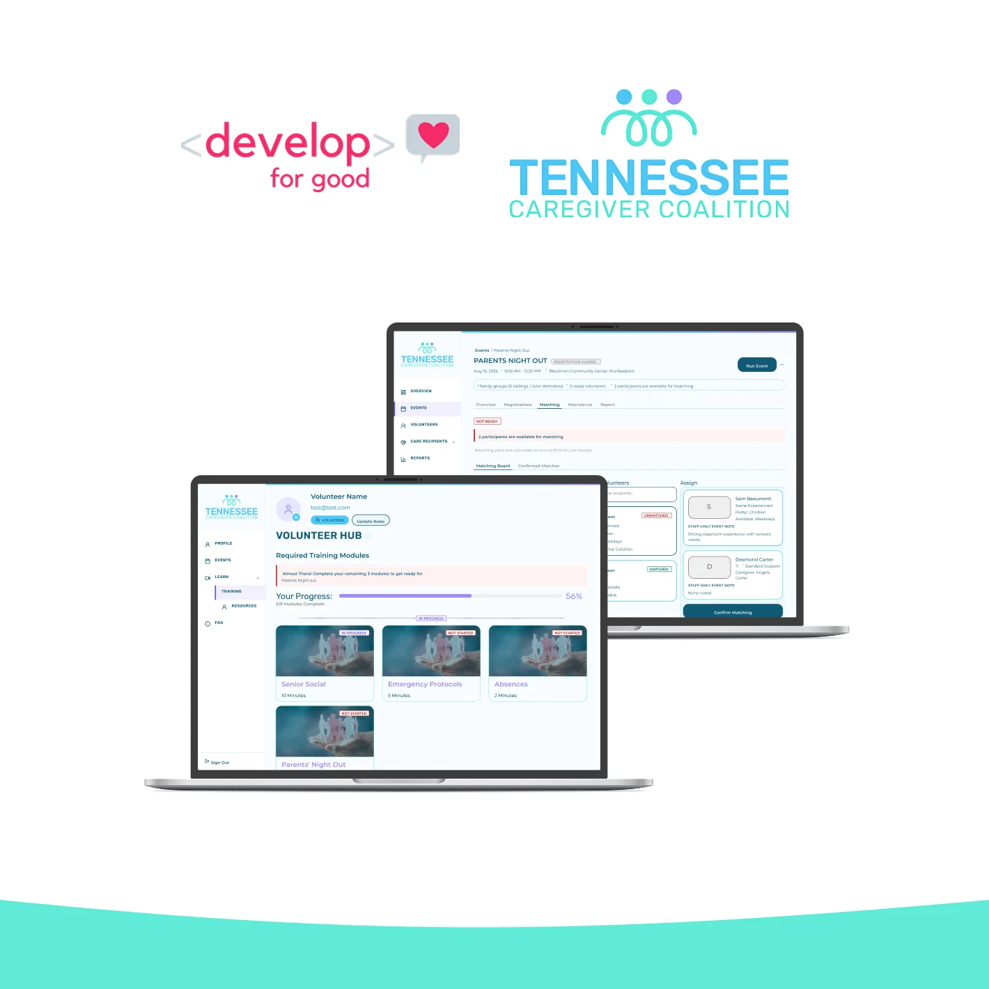 Develop for Good and Tennessee Caregiver Coalition logos above two laptops showing the portal: the volunteer hub with training progress, and the staff board for matching volunteers to an event.