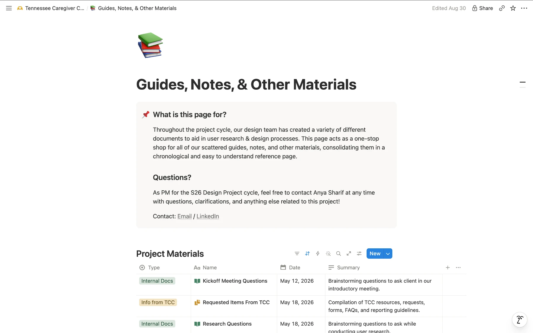Notion page “Guides, Notes, & Other Materials” listing the team’s project documents by type, name, date and summary.
