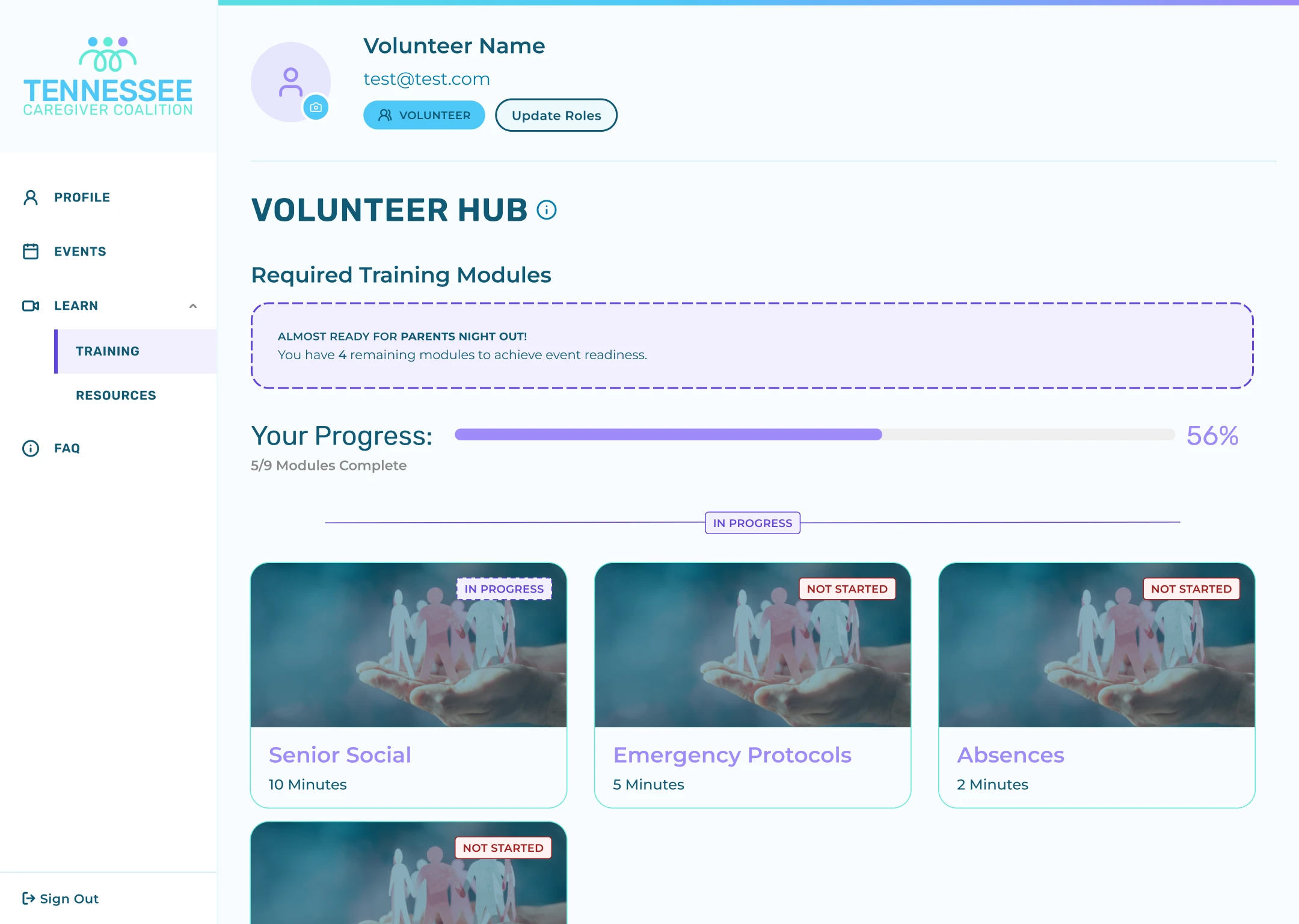 Redesigned Volunteer Hub: a reminder that 4 modules remain before Parents Night Out, a progress bar at 56% (5 of 9 modules complete), and module cards marked In progress or Not started.