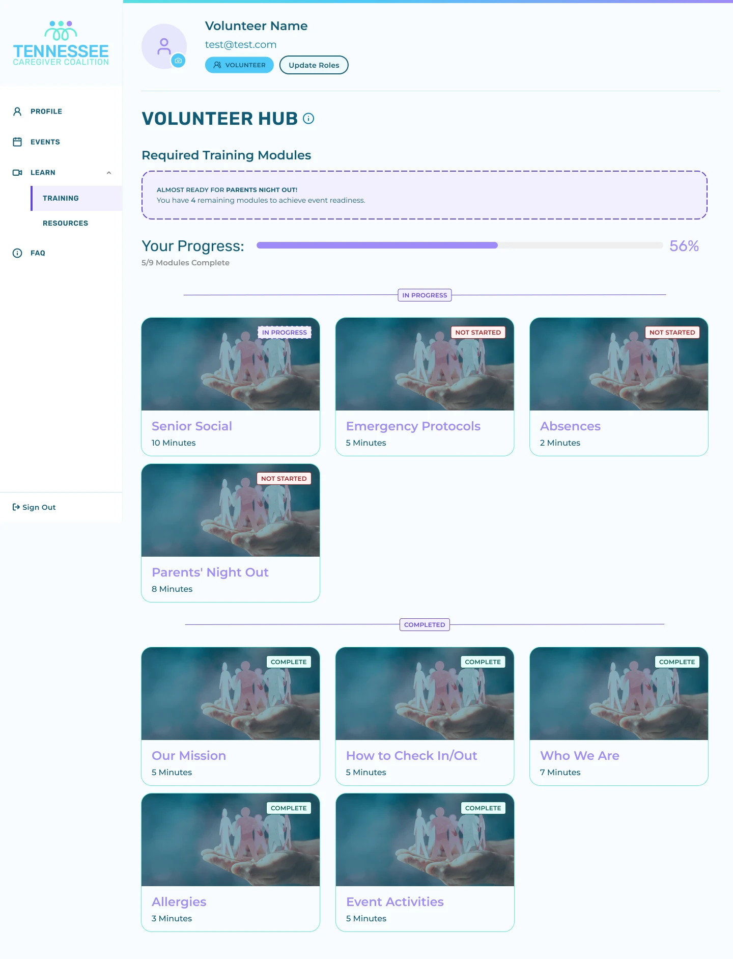 Full Volunteer Hub page: training progress at 56%, four modules in progress or not started, and five completed modules below.